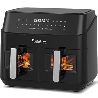 TurboTronic Heißluftfritteuse XXL doppel Airfryer 1600W / 9L (2x 4,5L Kammer) 10 Programme digitale Heißluft Fritteuse ohne Fett Öl Dual Luftfritteuse Air Friteuse Power Black