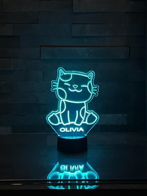 MIRROR MANIA The Cutest Charming Cuddly Kitty Cat Night Light Up Desk Table Lamp LED Custom Engraved Name - It's Wow, 16 Color Options Kids, Boys, Girls Bedroom Room Decor Gift | Personalized Free image 5
