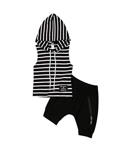 Toddler Baby Boys Summer Shorts Set Sleeveless Shirts Top and Blommer Shorts Clothes Outfits (Black Striped Hoodie, 12-18 Months)