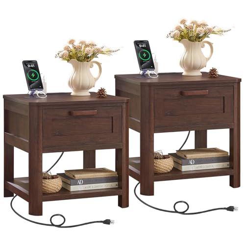 Joaxswe Farmhouse Side Table Set of 2 Living Room, Small Night Stand with 1 Drawers & Open Shelving & 4 Thickened Table Legs, Walnut