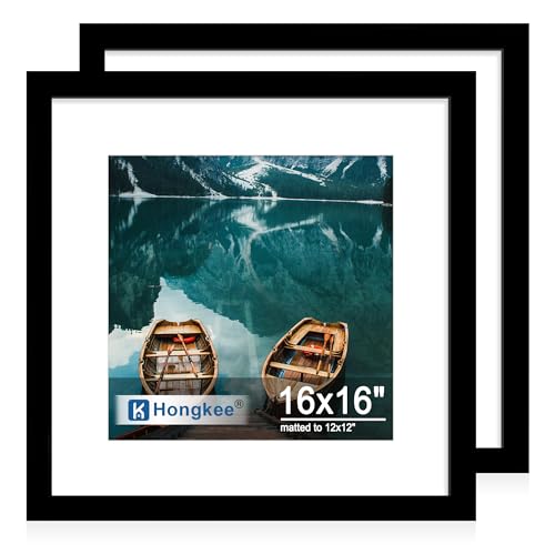 Hongkee 16x16 Frame Set of 2, Black Wood Style - Display Square 12 x 2 with Mat or 16x16 without Mat, Wall Mounting Horizontal and Vertical