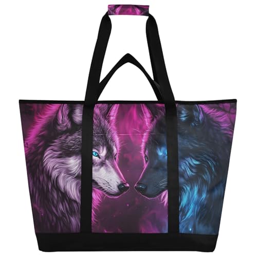 Wolf Eye Blue Purple Large Insulated Tote Bag for Grocery Shopping Reusable Tote Bags for Women Men, Cooler Bag with Zippered Top & Handles for Beach Picnic Travel