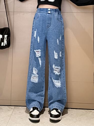Kids Girls Ripped Wide Leg Jeans Denim Pants with Pockets Summer Casual Jeans2