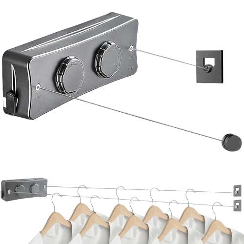 Corde à Linge Rétractable pour Intérieur et Extérieur, 2 x 5.1M Acier Inoxydable Fil a Linge Retractable, Étendoir à Linge Gain de Place (Gris)