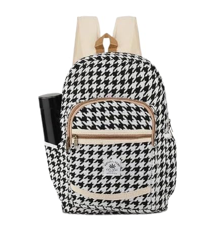 Houndstooth Pattern Cotton School Backpack, Black and White, 15x12 Inch, with Beige Straps-image-2