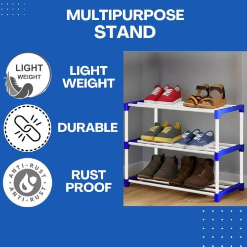 Image of 3 Tier Shoe Rack with Shelf, Thick Strong Pipes for Heavy Load Multipurpose Organizer Rack Shoe, Cloth & Book Storage Shelf for Home, Balcony, Living Room & Workspace