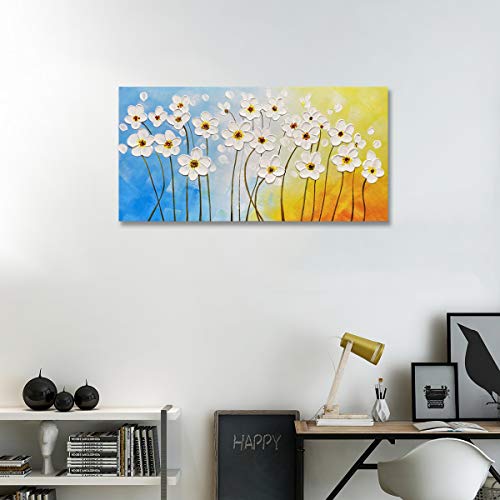 Muzagroo Art Hand Painted Dancing White Flowers Pallet Knife Oil Painting With Raised Texture On Canvas Modern Floral Wall Art For Living Room Bedroom Decor Ready To Hang #TOP2