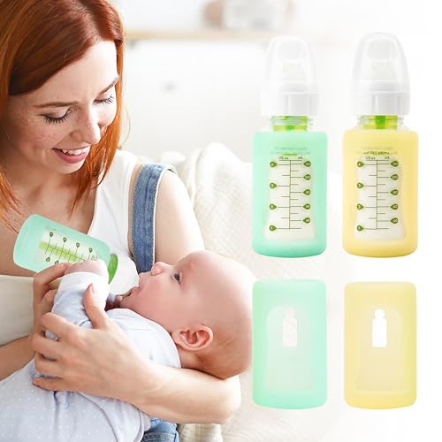 Image of PUREKRA 4PCS Silicone Baby Bottle Sleeves for Dr. Brown Bottles 4 oz, Silicone Bottle Covers Replacement for Dr. Brown Glass Bottles, Narrow Sleeve with a Cutout, Dishwasher/Freezer/Microwave Safe