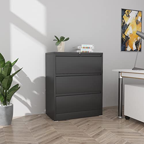 Aobabo 3 Drawer Metal Lateral File Cabinet With Lock,Steel Storage Lateral Filing Cabinet With Letter/Legal Size For Home Office,Anti-Tilt Structure,Assembly Required (Black 3Drawer) #TOP5
