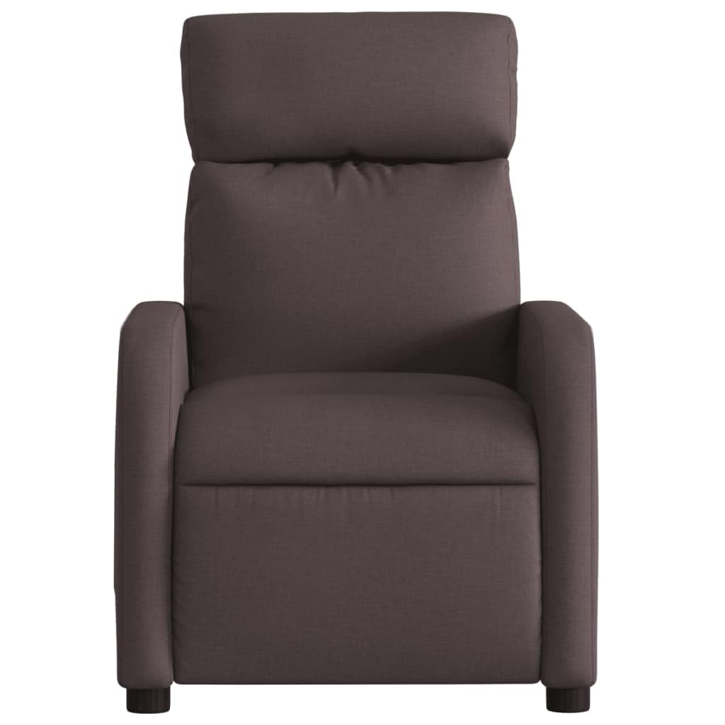 Fotel relaksacyjny, ciemnobrązowy materiał z ręczną funkcją leżenia, regulowane oparcie i podłokietniki, drewniana metalowa rama, ergonomiczny fotel do salonu i kącika do czytania