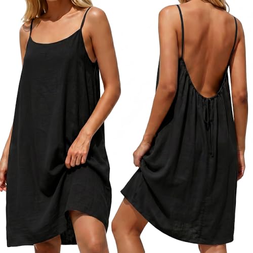 Generisch Sommerkleid Damen Ärmellos Spaghettiträger Rückenfreies Midikleid Damen Sommer Tank Kleid Schnür-Stil Strandkleid Trägerkleid (DE/NL/SE/PL Alphanumerisch XL Regular Regular Schwarz)