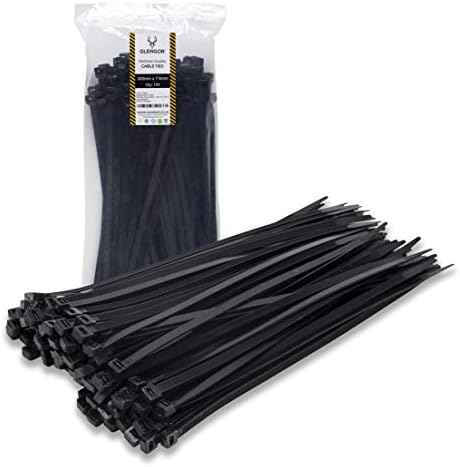 Glengor Black Cable Ties - Pack of 100 | 300 x 7.6mm | Multi-Purpose Plastic Heavy Duty Zip Wrap | Thin, Easy to Use, Security Cable Ties for Home, Garden, Office, DIY, Industrial, Events & Tool Kit