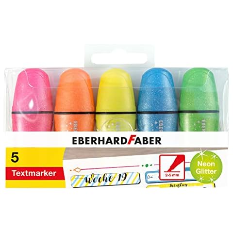 Eberhard Faber 551408,Mini Text Marker with Chisel Tip, 5 Highlighters in Neon Colours with Glitter Effect, Light Marker for School, University, for Marking, Highlighting and Colouring Cover