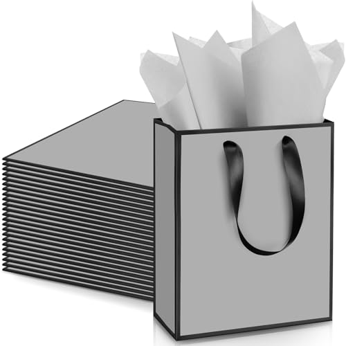 Image of Yeaqee 24 Pack Metallic Paper Gift Bag with Tissue, Gray, Black | with Satin Ribbon Handle and Tissue, 9x7x3.1 Inch, Suit Business, Birthday, Christmas, Thank You Return Gifts Bags