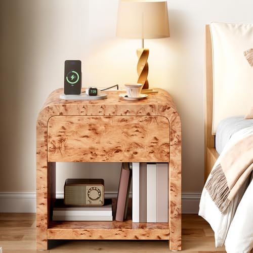 YITAHOME Nightstand with Drawer & Charging Station, Mid Century Modern Nightstand Bed Side Tables Bedroom, Farmhouse Bedside Table Small End Table for Living Room, Burl