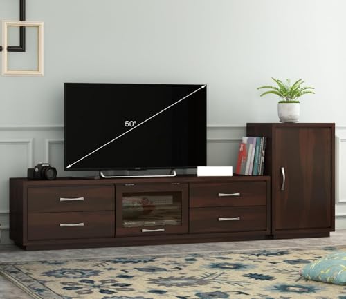 Image of Solid Sheesham Wood TV Unit - 4 Drawers, 2 Shelves, 1-Door Storage - Fits up to 70-Inch TV - Modern Design for Bedroom, Living Room, Hallway - Design 25