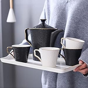 Porcelain Ceramic Coffee Tea Gift Sets, Cups and Saucer Service for 4, Tea Sets with Black Teapot, Tea Cups,B (B)