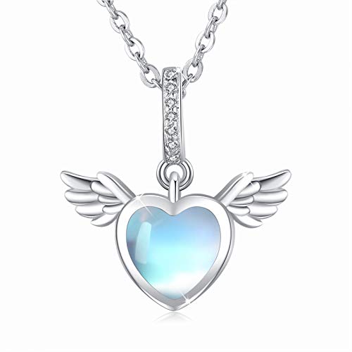 CUOKA MIRACLE Dainty Chokers Necklace for Women Sterling Silver Rainbow Moonstone Heart Angel Wing Pendant Short Necklace Layered Necklace 16-18'' for Her Girlfriend Teen