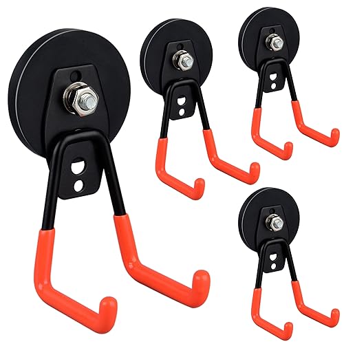ULIBERMAGNET Heavy Duty Magnetic Garage Hooks 4 Pack Strong Large Magnet Hooks for Power Drill Garden Tools Hose Pegboard Garage Workshop Magnetic Storage Hooks for Indoor Outdoor Hanging(Orange)