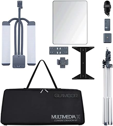 GLAMCOR Multimedia X Content Creation Kit | Deluxe Portable LED Lighting Kit with Powered Smartphone and Tablet Mounts, Camera Mount and Mirror