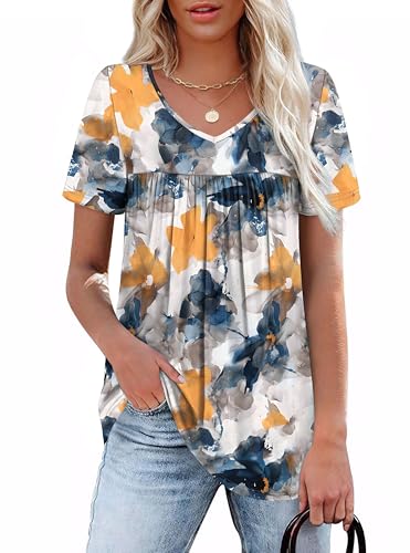 Summer Tops for Women 2025 Trendy Short Sleeve Shirts V Neck Dressy Blouses Business Casual Outfits Floral Teal S