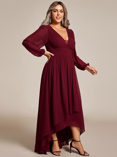 Ever-Pretty Plus Women's Gorgeous Plus Size V Neck Lantern Sleeves Pleated A Line High Low Wedding Guest Dresses 02043-DA4