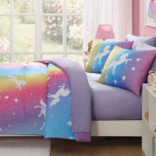 Full Size Comforter Set for Girls-7 Pieces Rainbow Unicorn Full Bedding Sets for Kids, Ultra Soft Bed in A Bag with Sheets