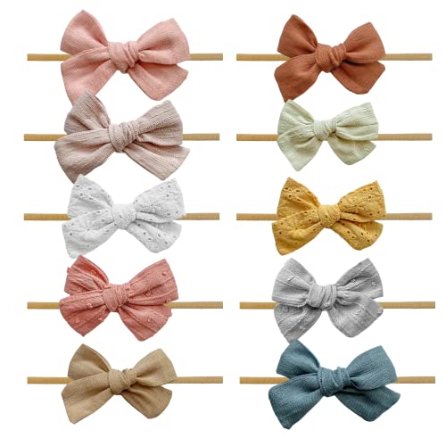 Baby Bow Headbands - 10PCS Baby Girl Nylon Headbands - Bows on Nylon Headband for Newborn, Infant, Toddler, Preemie, One Size