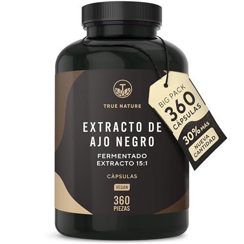 Ajo Negro 22500mg - 360 cápsulas - Sin Olor ni Sabor - Alicina - 14,89% polifenoles - con S-alilcisteína (SAC) - Fuente Natural de Antioxidantes y Flavonoides Extracto Natural Fermentado - TRUE NATURE