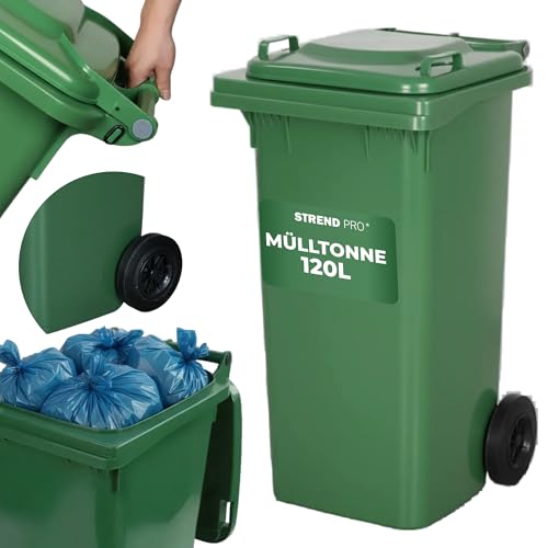 STREND PRO Mülltonne 120L Grün | Abfalltonne für Gartenabfall, Papier & Glas | Mülleimer mit Deckelâ€¦ – Miniatur