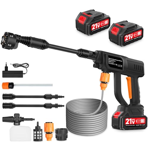 Bellanny Akku Hochdruckreiniger, 21V 120Bar Akku-Druckreiniger, Mobile Druckreinigerpistole, Kabellose Strahlreiniger mit 2x3,0Ah Akkus,6-in-1 Düse,5M Schlauch,Schaumsprüher, für Auto Terrasse Fenster
