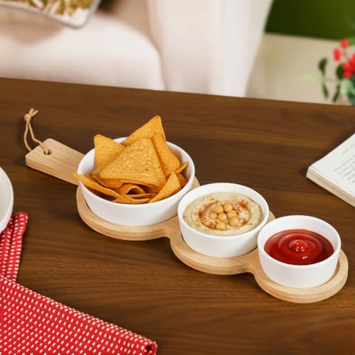 Image of Nestasia Ceramic Serving Platter Set | 3 Small Microwave Safe Snack Bowls with 1 Wooden Tray | 100% Food Safe Tray Set - Perfect for Serving Dips, Dry Fruits & Snacks (Green & White)