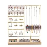 UCK-KIT Organizador De Stand De Joyería, Soporte De Joyería con Marco De Metal Y Bandeja De Terciopelo, Soporte para Pulseras, Soporte De Collar con Bandeja De Madera,Oro