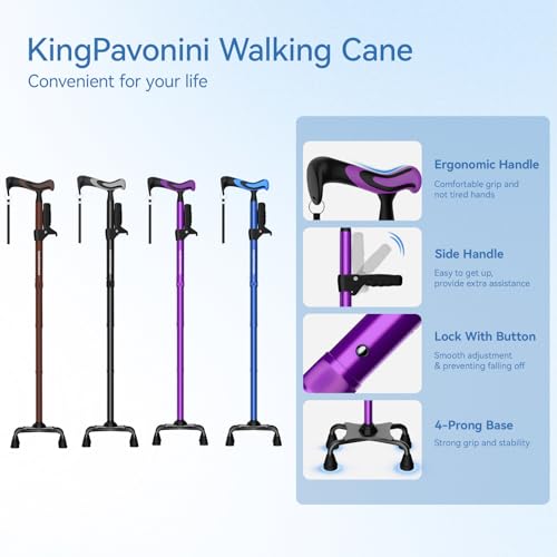 KingPavonini Walking Cane for Women/Men with Second Handle, Foldable & Adjustable Quad Cane with 4-Pronged Base for Standing, Lightweight Walking Aid for Seniors & Adults by KingPavonini - Image 8