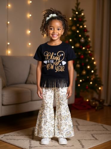 Image of Unique Baby 2 Piece Girls Bell Bottom Leggings Outfit with Short Sleeved Shirt Kid and Toddler Clothes Set