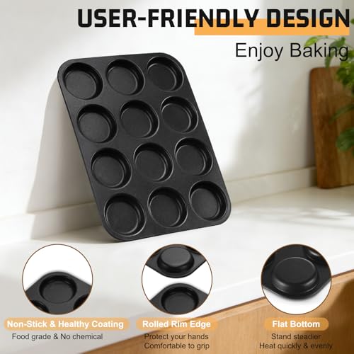Image of E-far 12-Cavity Muffin Top Pan, 3 Inch Nonstick Shallow Cupcake Pan for Yorkshire Pudding, Eggs, Whoopie Pie, Cornbread, Easy Release & Clean, Standard Size, 2 Pack
