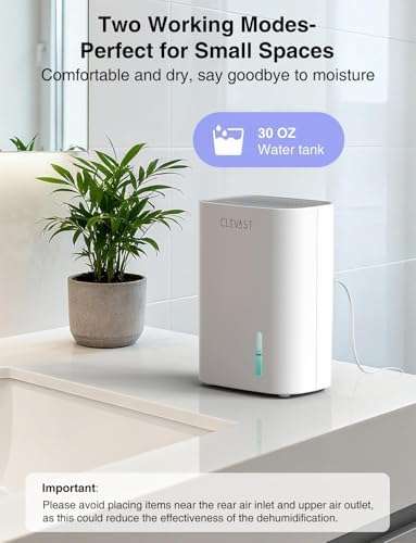 Side view of dehumidifier showing water tank and air intake grille
