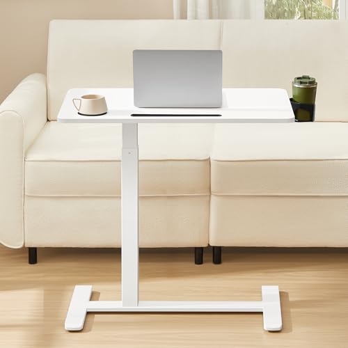 VASAGLE Escritorio con Ruedas, Mesa Auxiliar, Tablero de 80 x 45 cm, Altura Ajustable, 2 Portavasos, Ranura para Teléfono Móvil o Tableta, Blanco Nube LSD601W01