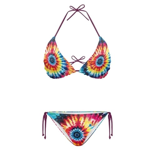 Yuuxorilu Bikini de Cuerda para Mujer, Traje de baño Triangular Halter, Trajes de baño de 2 Piezas, Trajes de baño brasileños atrevidos, Colorido teñido de Arco Iris., Large