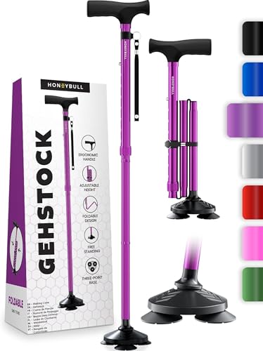 HONEYBULL Selbststehender Gehstock für jedes Gelände – Faltbar, höhenverstellbar, mit ergonomischem Griff & Rutschfester Drehspitze – für Senioren & Erwachsene, Männer & Frauen (Lila)