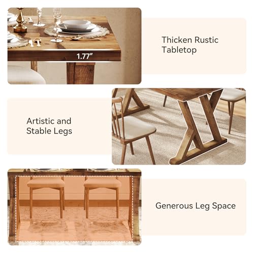 TRIBEWOOD Solid Wood Dining Table for 4-6 People, 63 Inches Wooden Farmhouse Rectangular Kitchen Dinner Table with Heavy-Duty Legs for Home, Living Room, Dining Room, Rustic Brown - Thumbnail 5