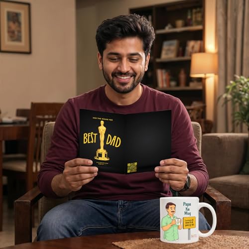 Image of Party Propz Happy Fathers Day Mug and Greeting Card Kit - 2 Pcs Coffee Mug for Dad with Best Dad Oscar Card, Papa ka Mug, Best Dad Gifts, Fathers Day Gift, Gifts for Papa (Cardstock, Ceramic)