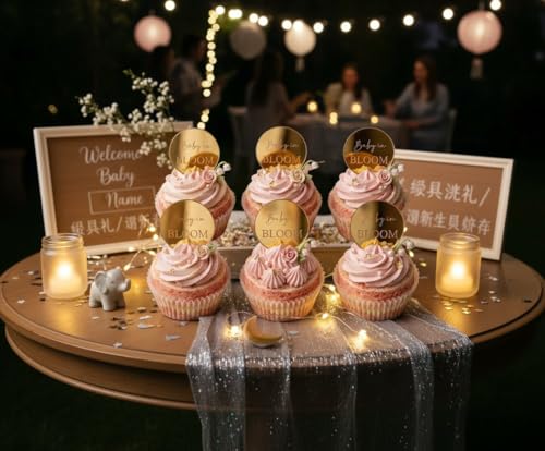 20pcs Baby Shower Cupcake Toppers & Cake Charms,Gold"Baby in Bloom" Reusable Mirror Acrylic Engraved,2" Discs for Botanical Garden Theme Party Decor, Expecting Parents by Yuxuanish - Used condition - Image 8
