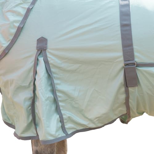 Gallopoff Fliegendecke Pferde mit Halsteil – atmungsaktive Sommerdecke mit UV-Schutz und Scheuerschutz, Verstellbarer Brustverschluss, Bauchgurte, Beinschnüre und Schweiflatz Green 135 cm