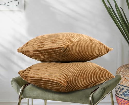 Image of RD TREND Cushion Cover Set of 2, Decorative Sofa Living Room Home Square Cushion Covers 16 Inch x 16 Inch, Aesthetic Corduroy Striped Double Sided (Mustard)
