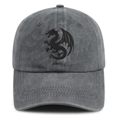 Yuawoi Embroidered Baseball Cap with Black Dragon for Men Women, Classic Sports Style Grey