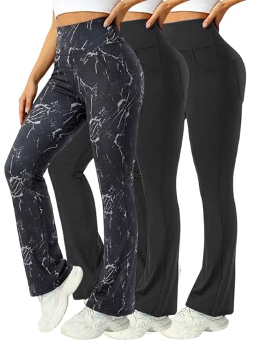 3 Packs Womens High Waist Flare Pants-Flare Yoga Pants，Yoga Pants with Pockets - High Waist and Wide Leg (US, Alpha, 5X-Large, Regular, Regular, 3 Pack Black + Black + Black Lightning Pattern)