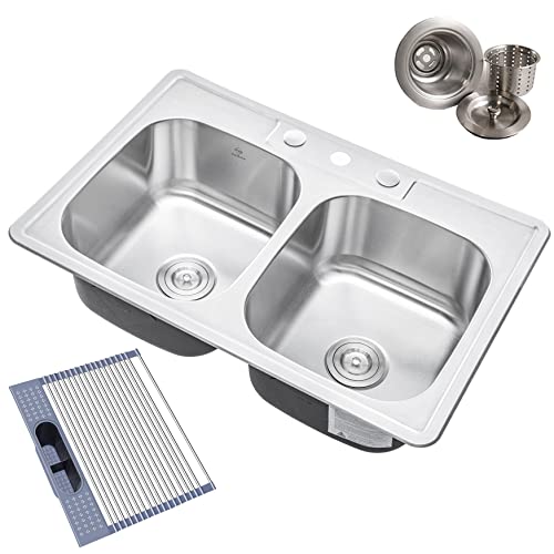 Cozyblock 33 X 22 X 9 Inch 50/50 Top-Mount/Drop-In Stainless Steel Double Bowl Kitchen Sink With Strainer And Silicon Dishrack - 18 Gauge Stainless Steel-3 Faucet Hole #TOP12