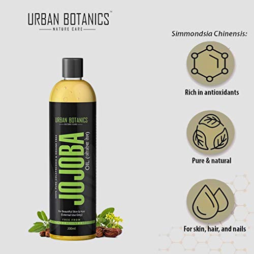 UrbanBotanics® Cold Pressed Jojoba Oil For Hair Growth, Skin & Face | Pure Jojoba Oil for Face & Body Massage | Virgin & Unrefined For Men & Women, 200ml