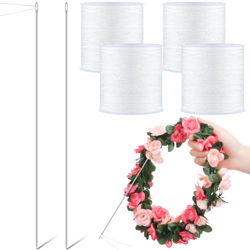 GliCraft 6 Pcs Lei Needle Kit Include 2 Pcs 14 Inch Large Eye Lei Long Sewing Needle 4 Lei Needle Twine 150 Feet Per Roll for DIY Graduation Hawaiian Flower Lei Making Malay Flowers Wreath Accessory